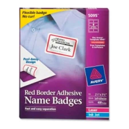 Avery Avery Name Badge Labels 2-1/3" x 3-3/8" for Laser/Inkjet Printers Red 400/Pack 5095
